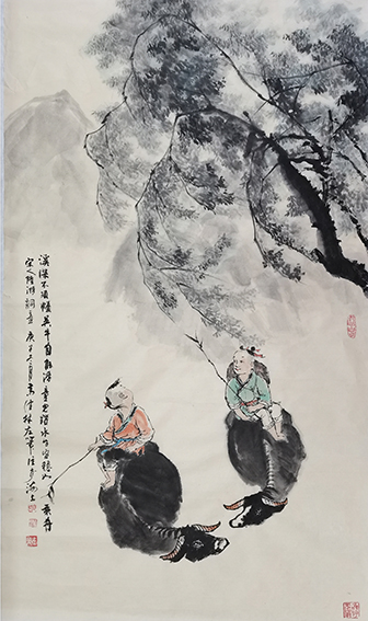 高健林作品7《牧童踏水如乘舟》  尺寸：138X68cm  庚子冬月